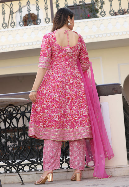 Pink Anarkali Rayon Printed Embroiderd Kurta With Pant And Dupatta