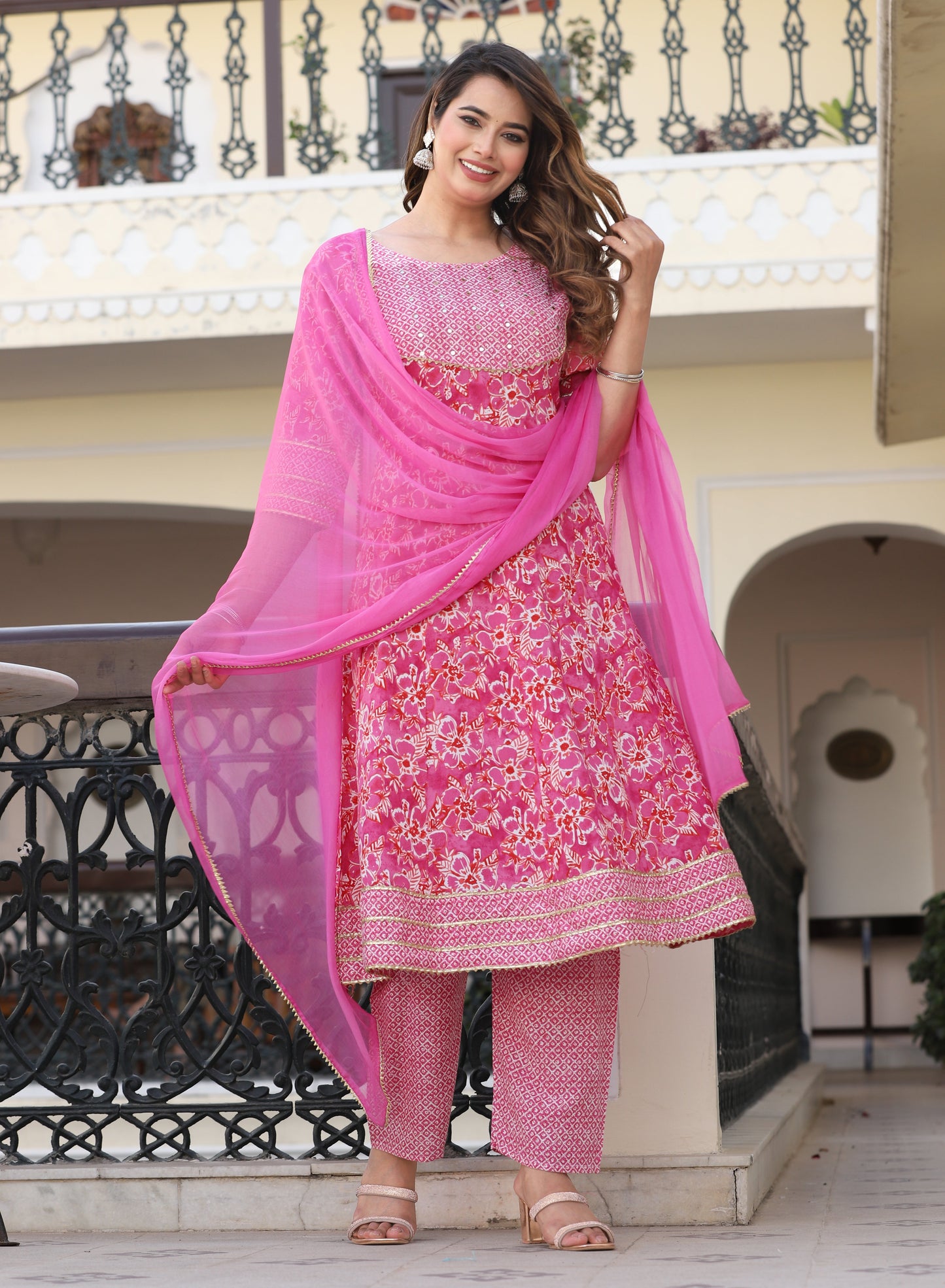 Pink Anarkali Rayon Printed Embroiderd Kurta With Pant And Dupatta