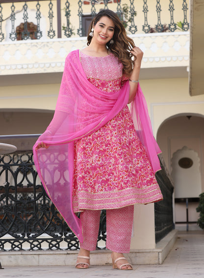 Pink Anarkali Rayon Printed Embroiderd Kurta With Pant And Dupatta