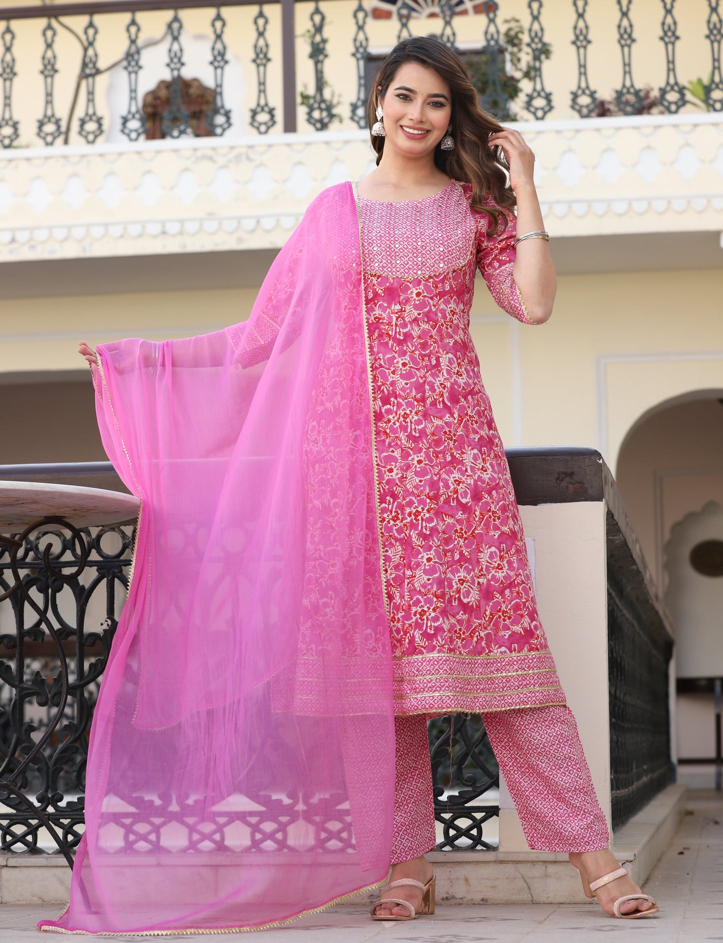 Pink Anarkali Rayon Printed Embroiderd Kurta With Pant And Dupatta