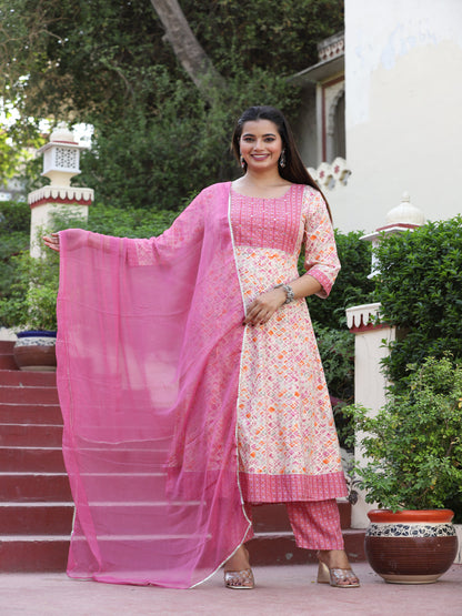 Pink Anarkali Rayon Printed Embroidered Kurta With Pant Dupatta