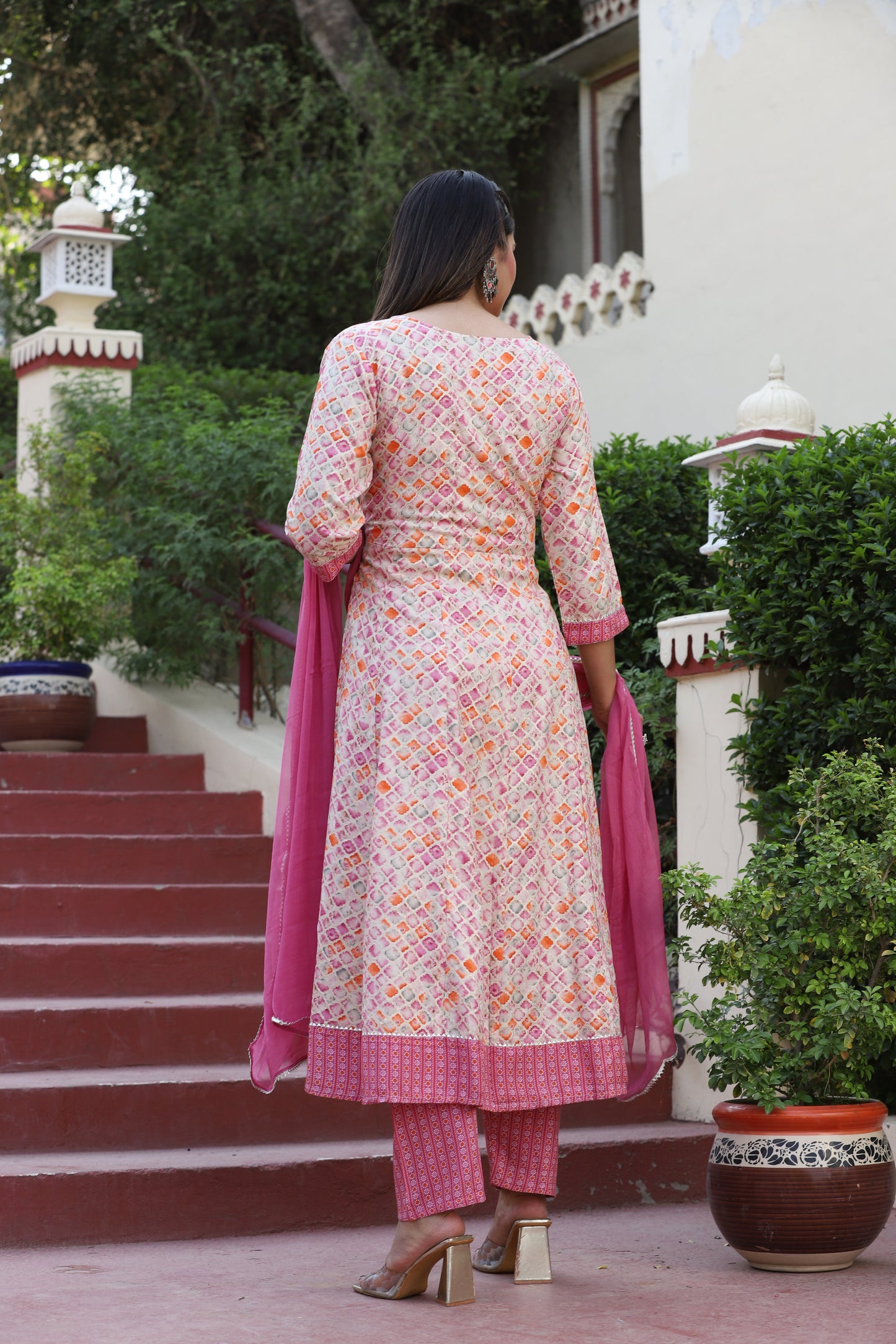 Pink Anarkali Rayon Printed Embroidered Kurta With Pant Dupatta