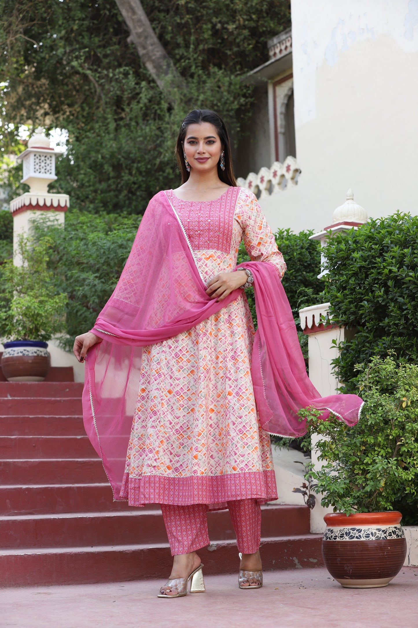Pink Anarkali Rayon Printed Embroidered Kurta With Pant Dupatta