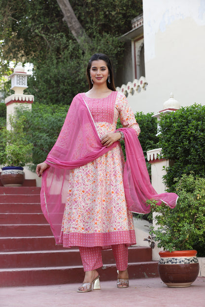 Pink Anarkali Rayon Printed Embroidered Kurta With Pant Dupatta