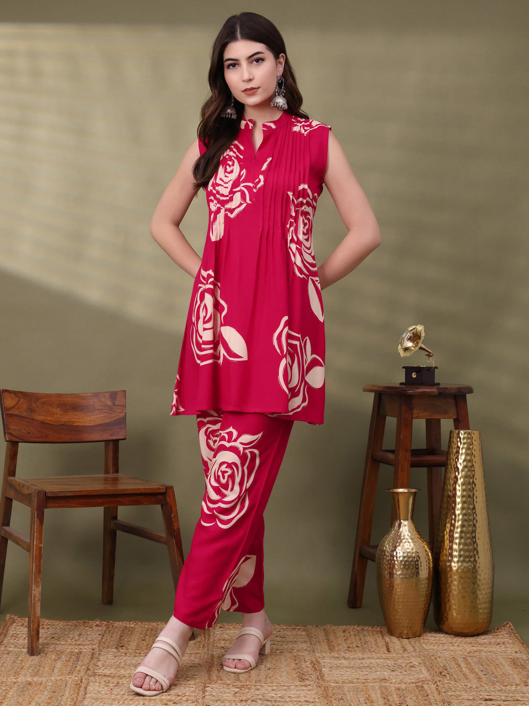 Pink Viscose Rayon Embellished Co-ords Set