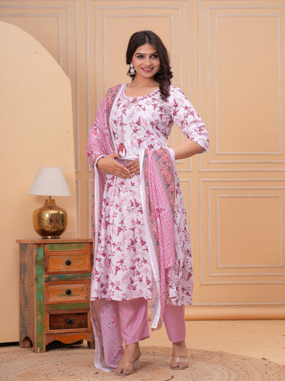 Pink Anarkali Rayon Printd Embroiderd Kurta With Pant And Dupatta
