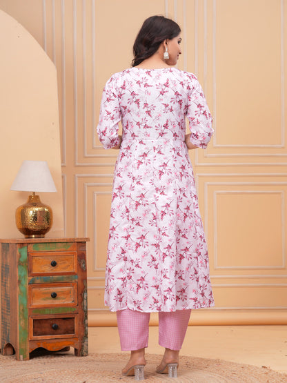 Pink Anarkali Rayon Printd Embroiderd Kurta With Pant And Dupatta