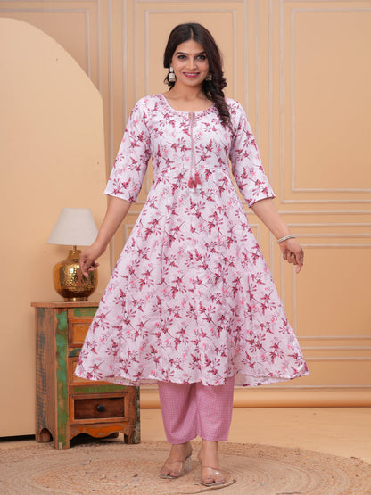 Pink Anarkali Rayon Printd Embroiderd Kurta With Pant And Dupatta