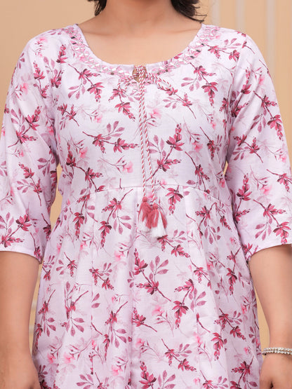 Pink Anarkali Rayon Printd Embroiderd Kurta With Pant And Dupatta