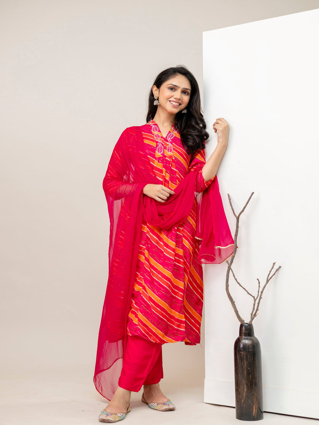 Pink Aline Rayon Printed Kurta With Pant And Dupatta