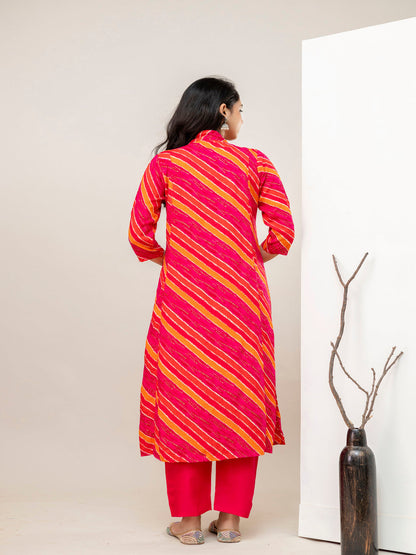 Pink Aline Rayon Printed Kurta With Pant And Dupatta