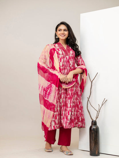Pink Aline Rayon Printed Kurta With Pant And Dupatta