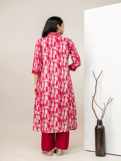 Pink Aline Rayon Printed Kurta With Pant And Dupatta