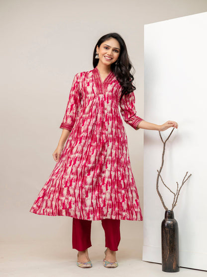 Pink Aline Rayon Printed Kurta With Pant And Dupatta