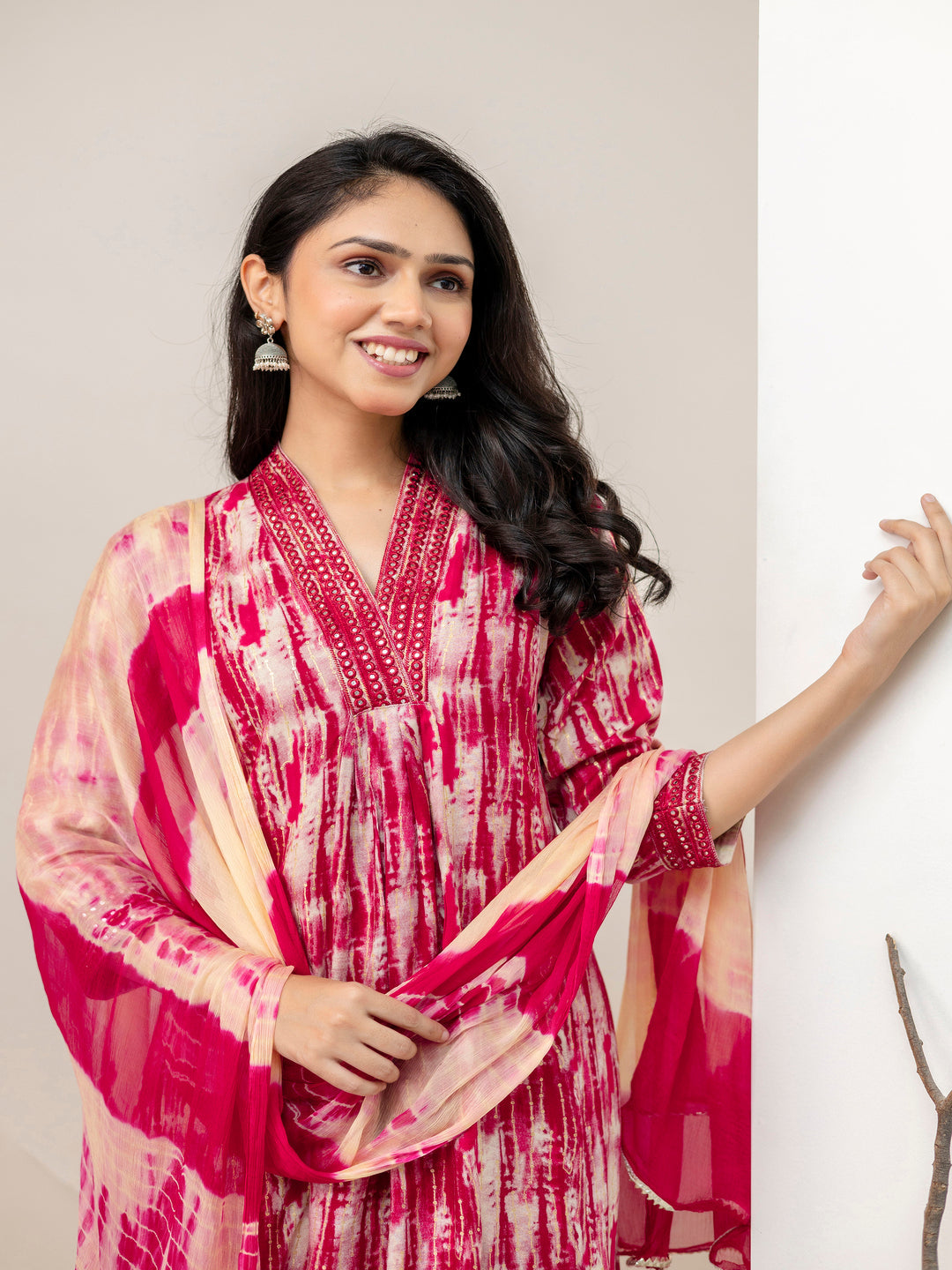 Pink Aline Rayon Printed Kurta With Pant And Dupatta