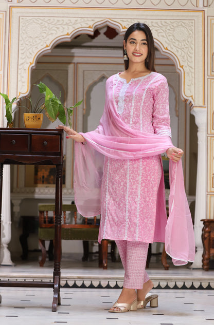 Pink Straight Rayon Printed Kurta With Pant And Dupatta