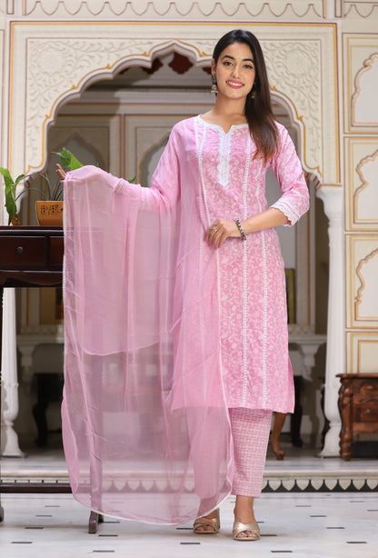 Pink Straight Rayon Printed Kurta With Pant And Dupatta
