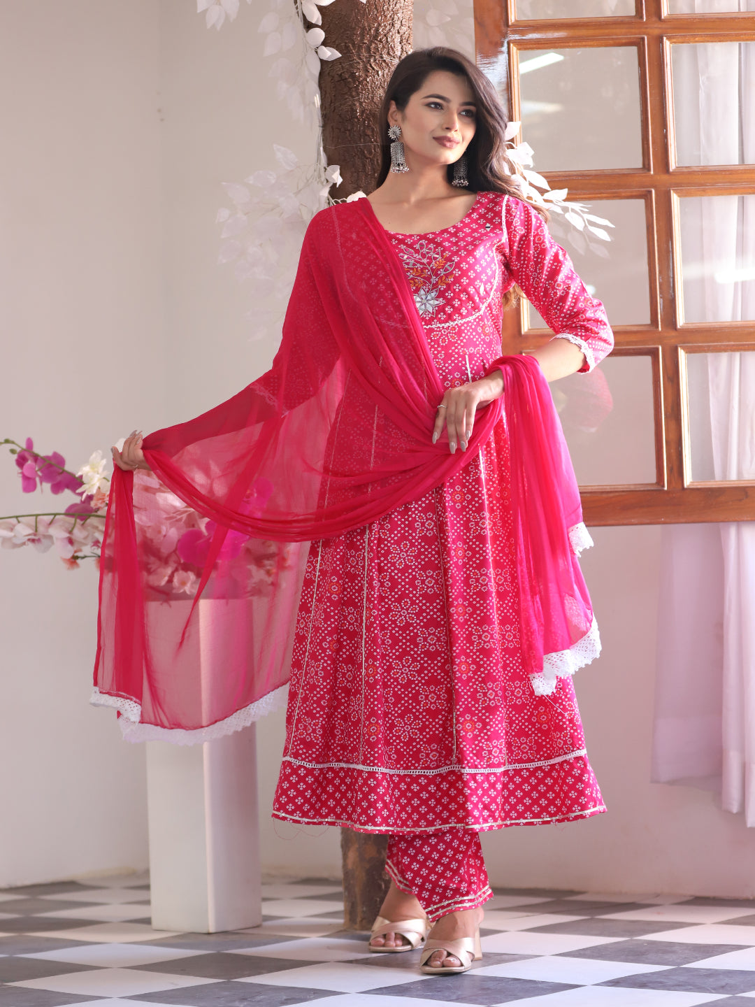 Pink Anarkali Rayon Printed Embroidered Kurta With Pant Dupatta