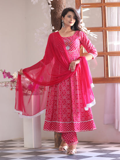 Pink Anarkali Rayon Printed Embroidered Kurta With Pant Dupatta