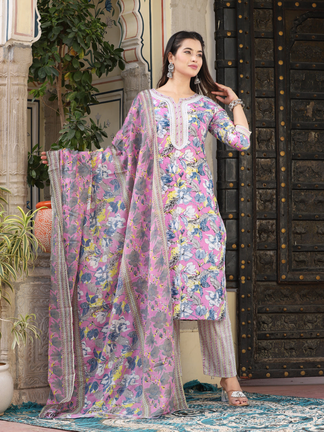 Pink Straight Cotton Printed Kurta With Pant And Dupatta