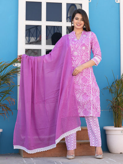 Pink Straight Cotton Printed Embroidered Kurta With Pant And Dupatta