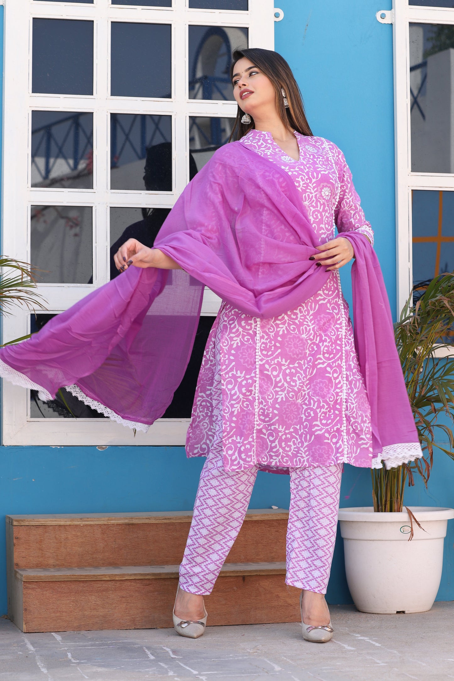 Pink Straight Cotton Printed Embroidered Kurta With Pant And Dupatta