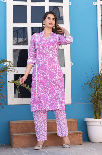 Pink Straight Cotton Printed Embroidered Kurta With Pant And Dupatta