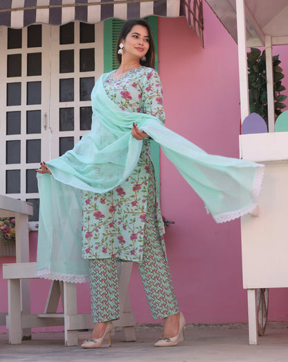Green Straight Cotton Printed Embroidered Kurta With Pant And Dupatta