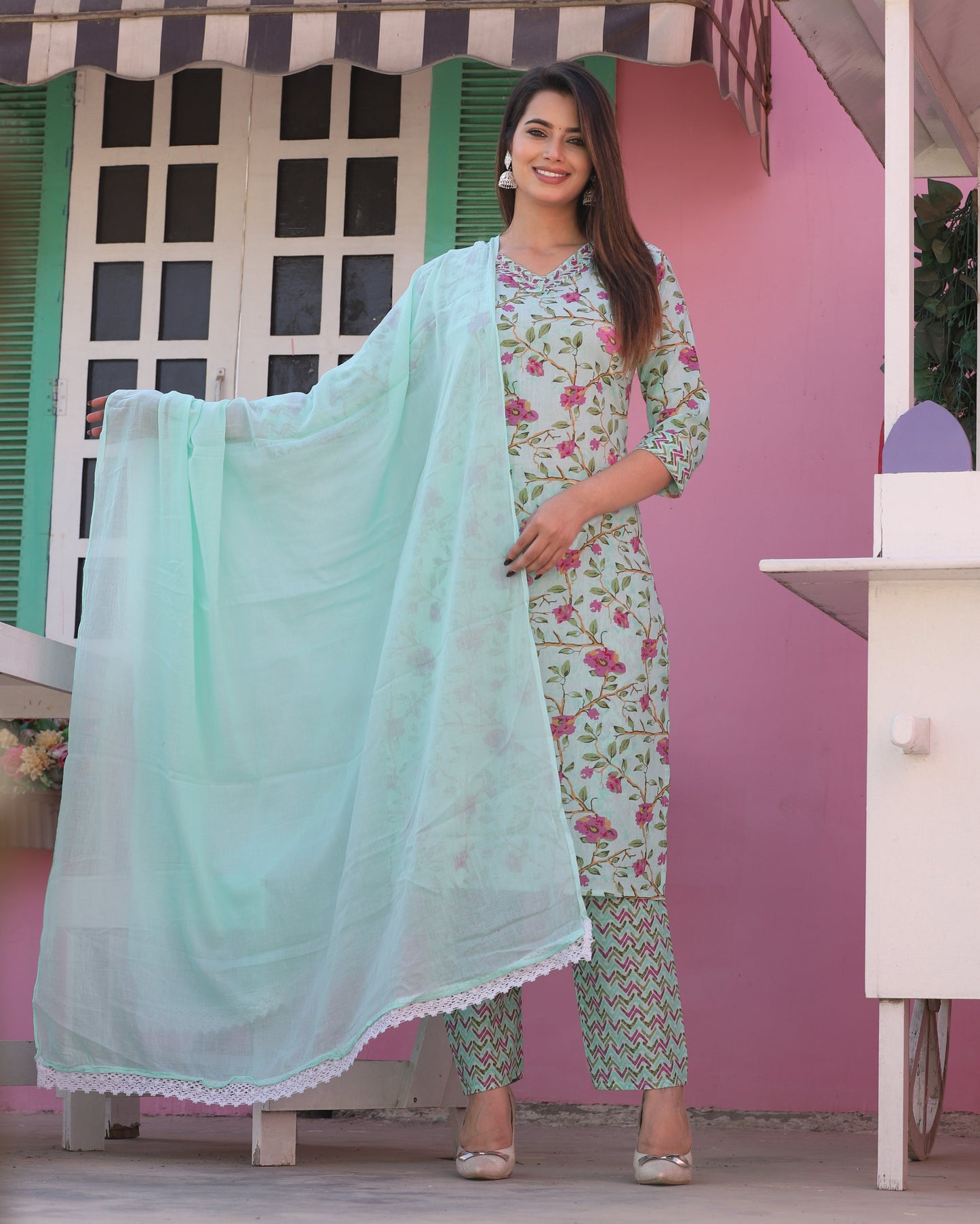 Green Straight Cotton Printed Embroidered Kurta With Pant And Dupatta