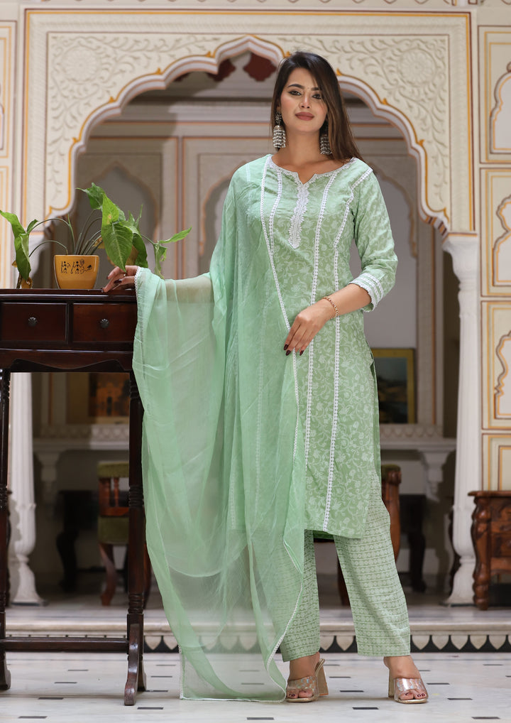 Green Straight Rayon Printed Kurta With Pant And Dupatta