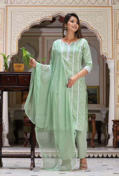 Green Straight Rayon Printed Kurta With Pant And Dupatta