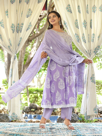 Purple Anarkali Cotton Printed Kurta With Pant And Dupatta