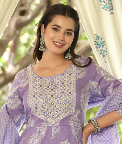 Purple Anarkali Cotton Printed Kurta With Pant And Dupatta