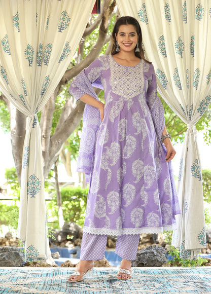 Purple Anarkali Cotton Printed Kurta With Pant And Dupatta
