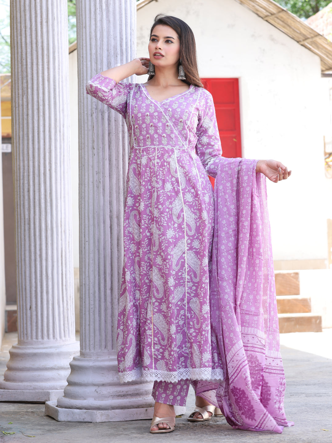 Purple Anarkali Cotton Printed Embroidered Kurta With Pant Dupatta