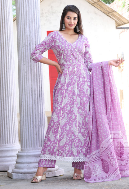 Purple Anarkali Cotton Printed Embroidered Kurta With Pant Dupatta