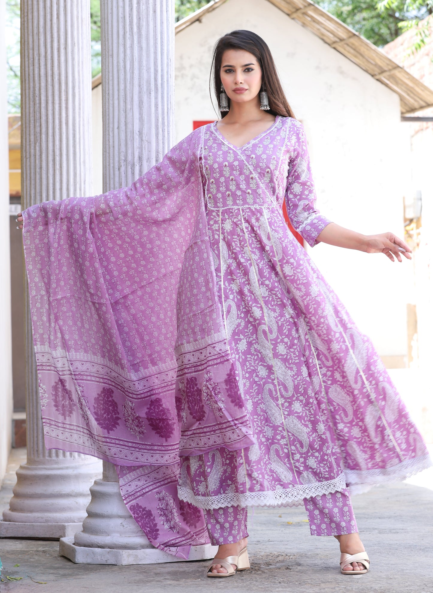Purple Anarkali Cotton Printed Embroidered Kurta With Pant Dupatta
