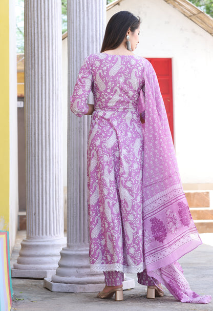 Purple Anarkali Cotton Printed Embroidered Kurta With Pant Dupatta