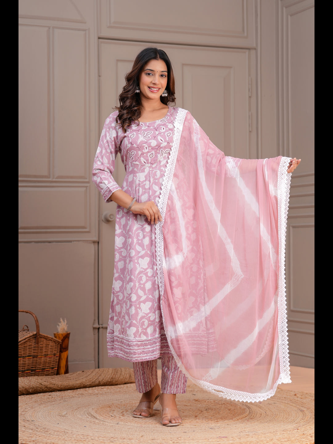 Pink Printed Anarkali Rayon Kurta With Pant And Dupatta