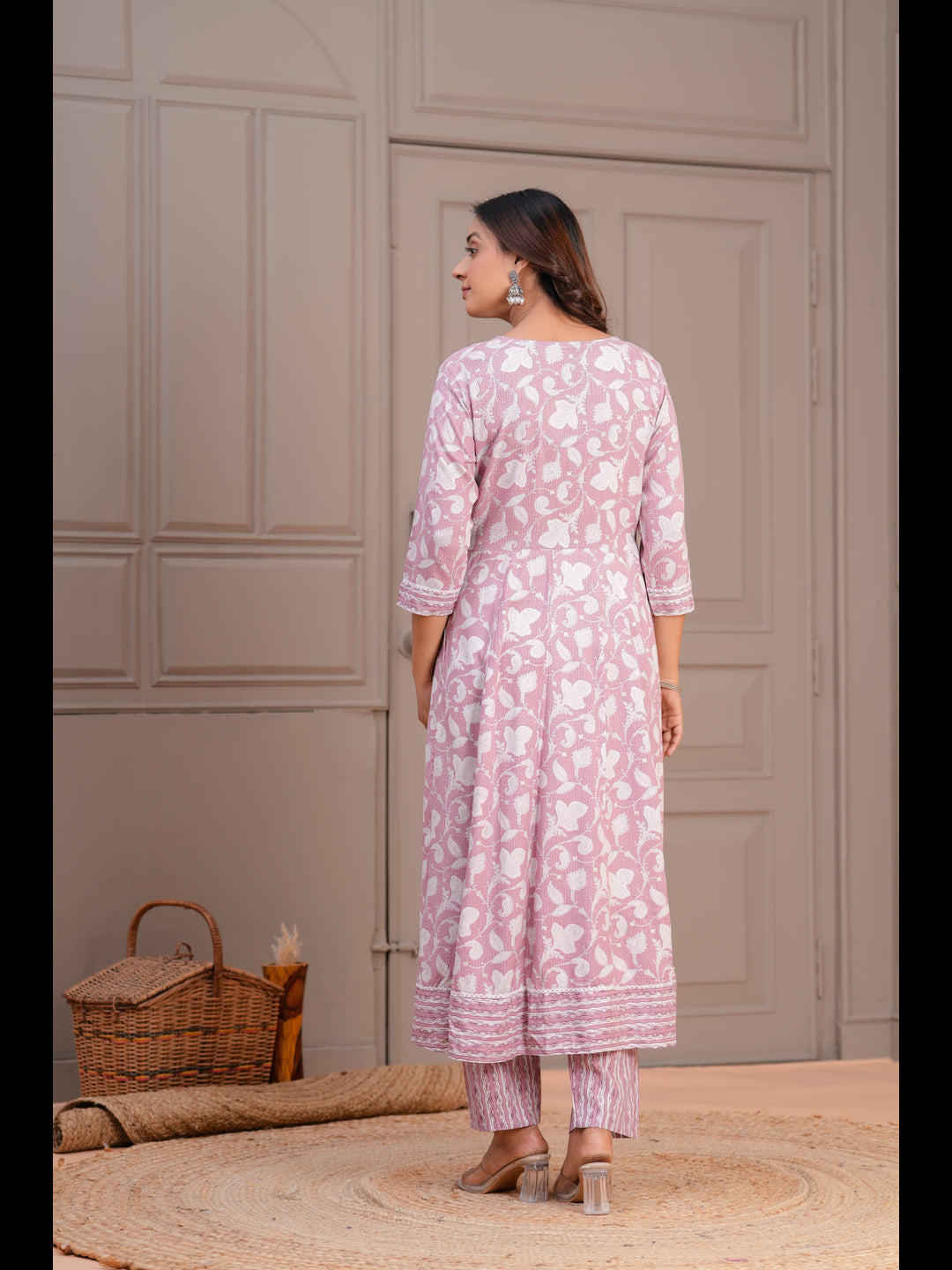 Pink Printed Anarkali Rayon Kurta With Pant And Dupatta
