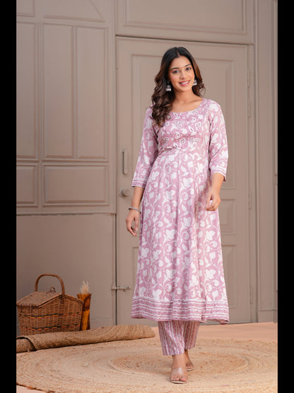 Pink Printed Anarkali Rayon Kurta With Pant And Dupatta