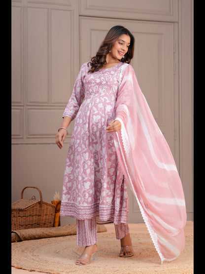 Pink Printed Anarkali Rayon Kurta With Pant And Dupatta