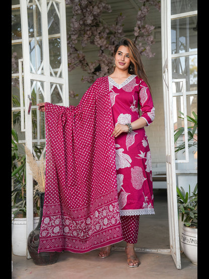 Pink Straight Printed Cotton Kurta Bottom With Dupatta