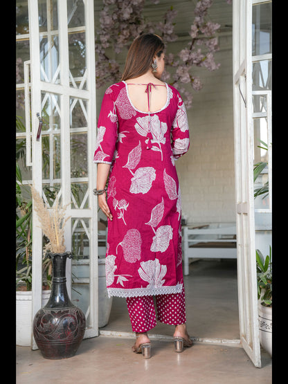 Pink Straight Printed Cotton Kurta Bottom With Dupatta