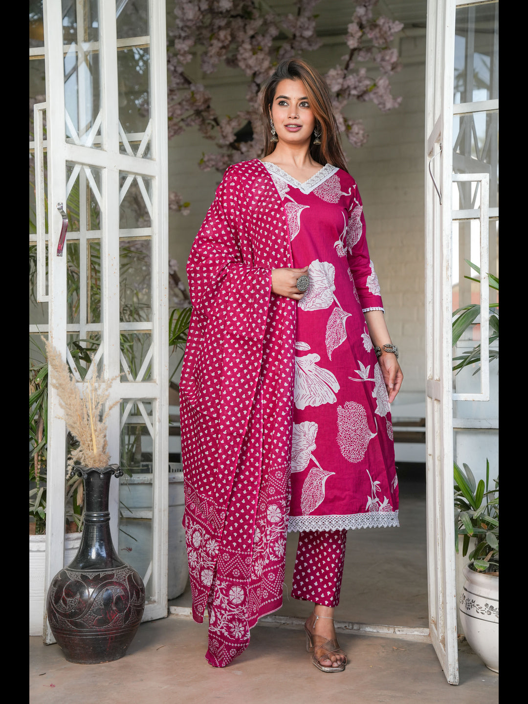 Pink Straight Printed Cotton Kurta Bottom With Dupatta