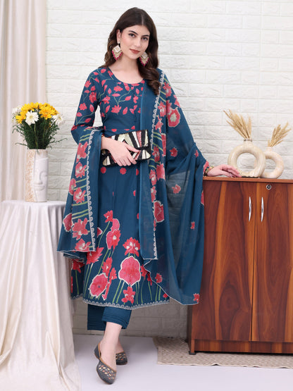 Blue Cotton Self Design Kurta Sets