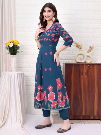Blue Cotton Self Design Kurta Sets