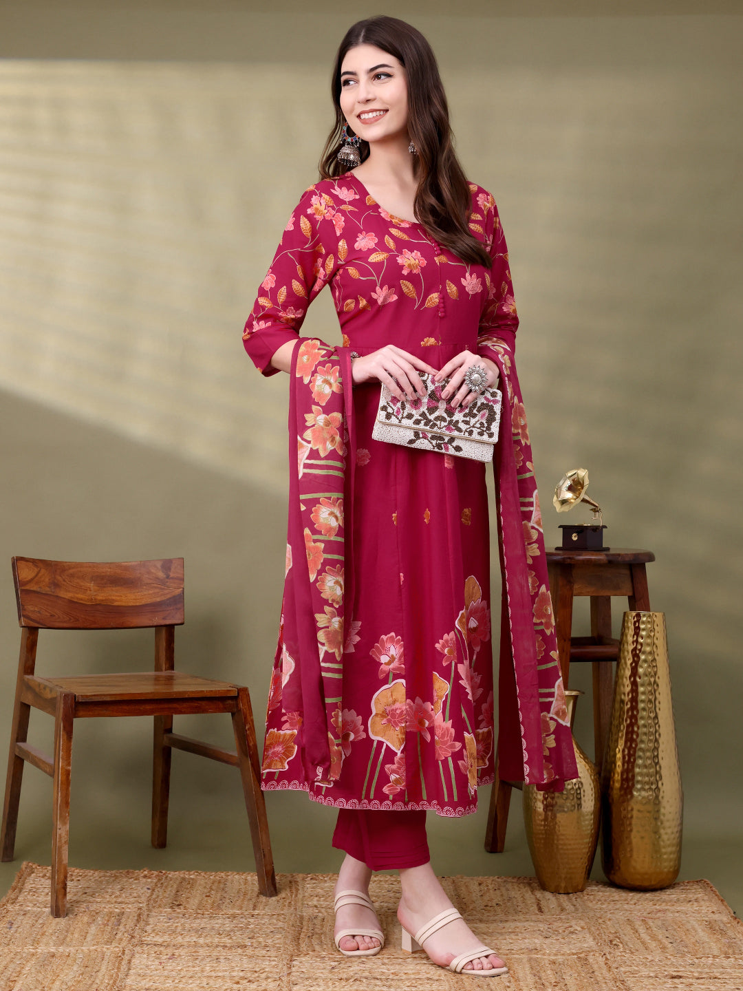 Pink Cotton Self Design Kurta Sets