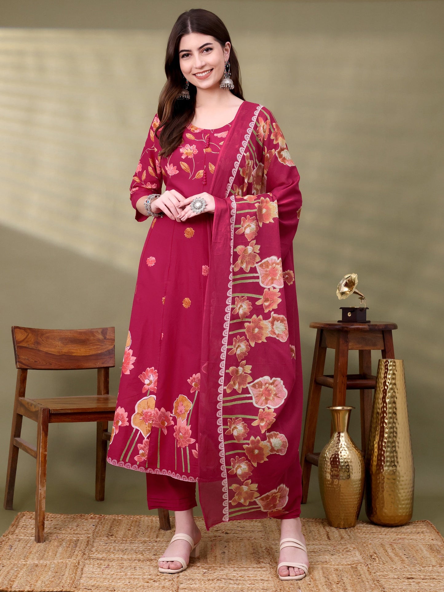 Pink Cotton Self Design Kurta Sets