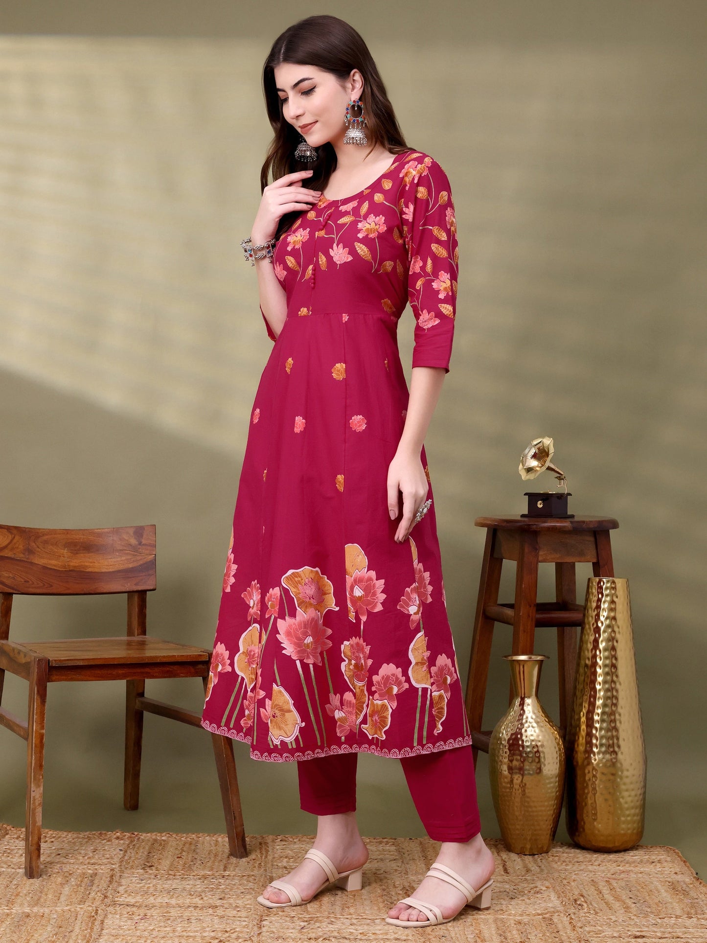 Pink Cotton Self Design Kurta Sets